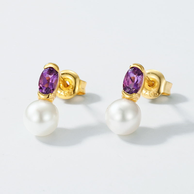 Natural Freshwater Pearl and Purple Crystal Earrings