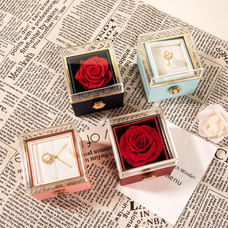 Preserved Flower Rose Ring Necklace Square Jewelry Box