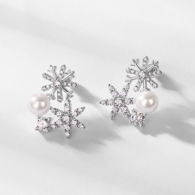 Pearl Diamond Snowflake Earrings