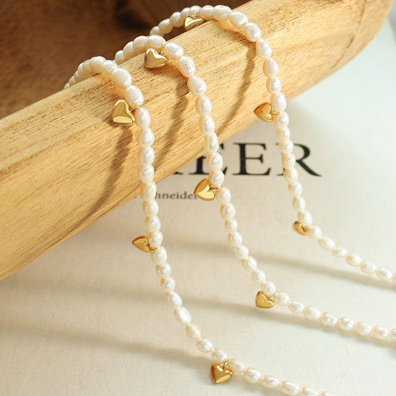 Gold Heart Charms Freshwater Pearl Necklace