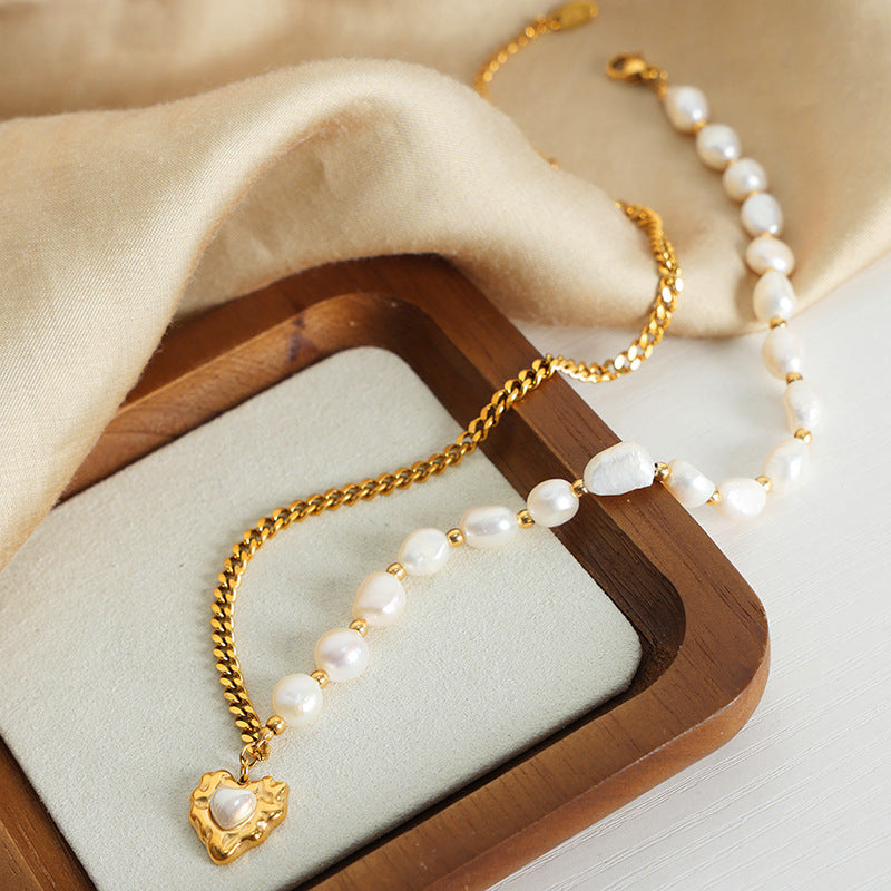 Half Gold Chain Half Freshwater Pearl Necklace With Heart Pendant 