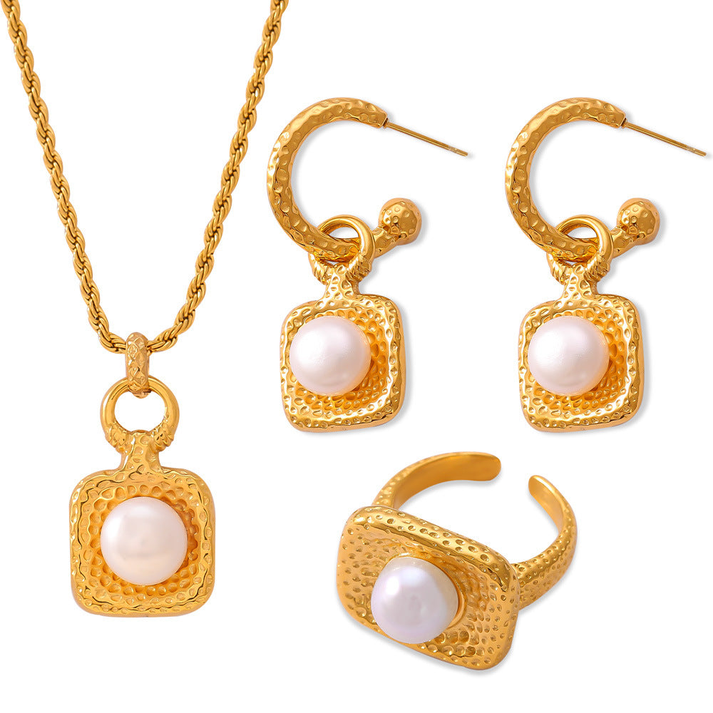 Hammer Finish Inlay Pearl Necklace Earrings Ring Set