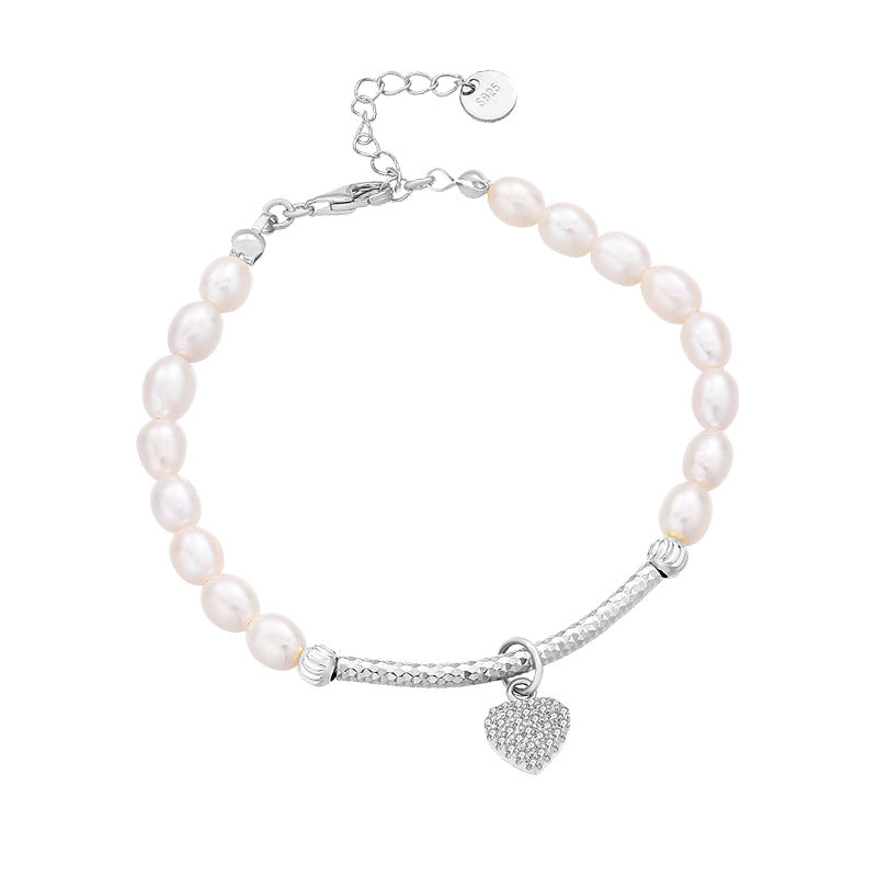 Rice Pearl Bracelet With Love Heart Charm