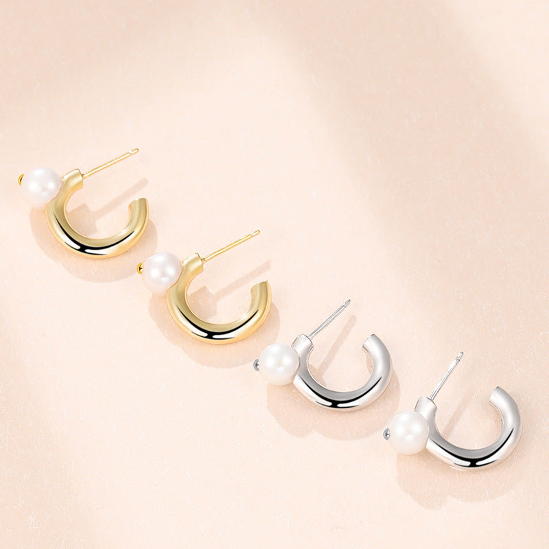 Simple C Hoop Pearl Stud Earrings