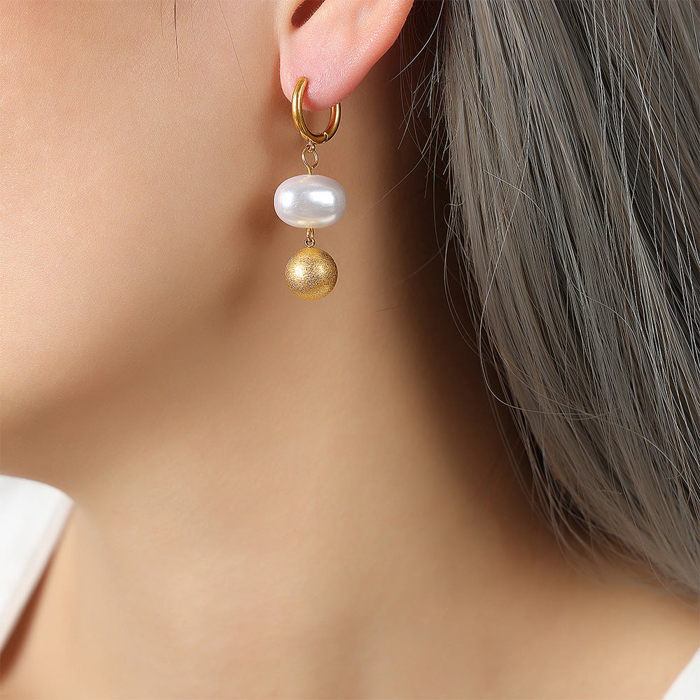 Frosted Gold Bead And Pearl Earrings