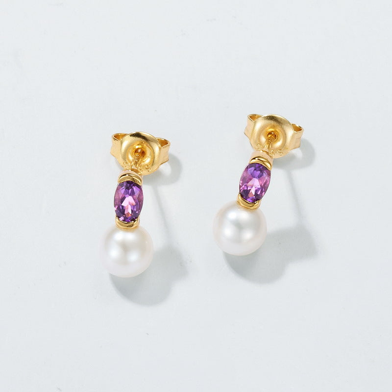 Natural Freshwater Pearl and Purple Crystal Earrings