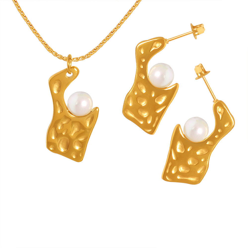 Geometric Irregular Debossed Pearl Inlay Pendant Necklace and Earring Set