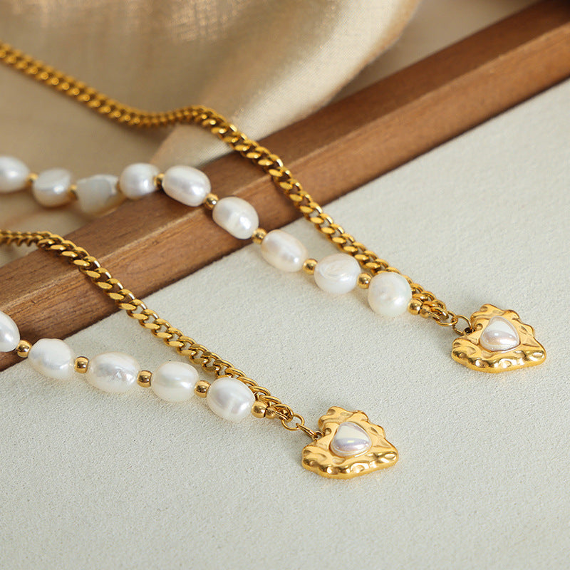 Half Gold Chain Half Freshwater Pearl Necklace With Heart Pendant 