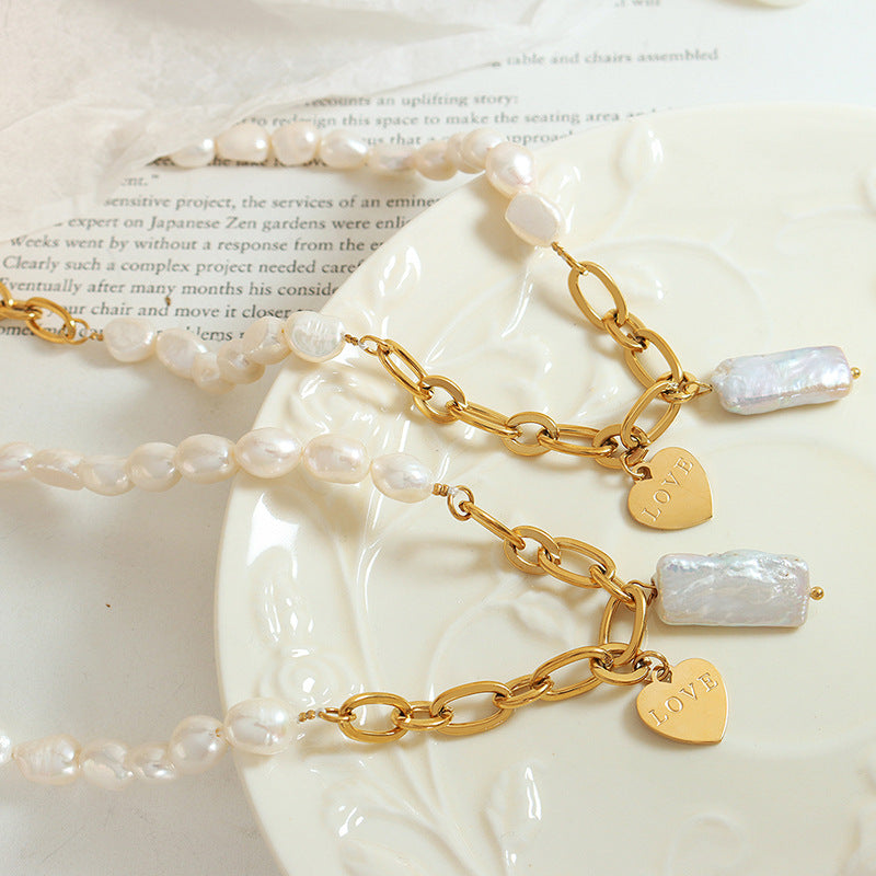 Pearl Splicing Thick Chain Necklace With Love Pendant