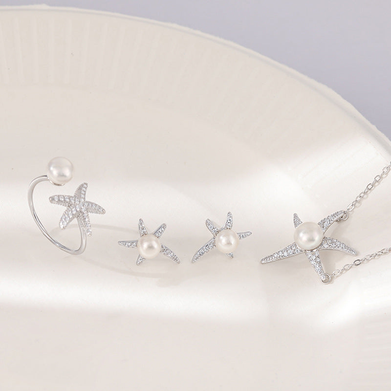 Pearl and Starfish Necklace Earrings Ring Set