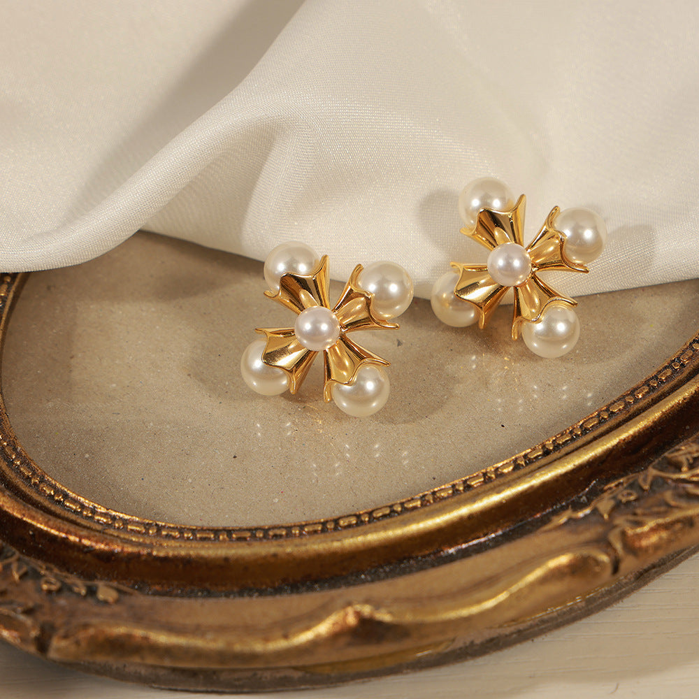 Vintage Floral Cross Pearl Earrings 