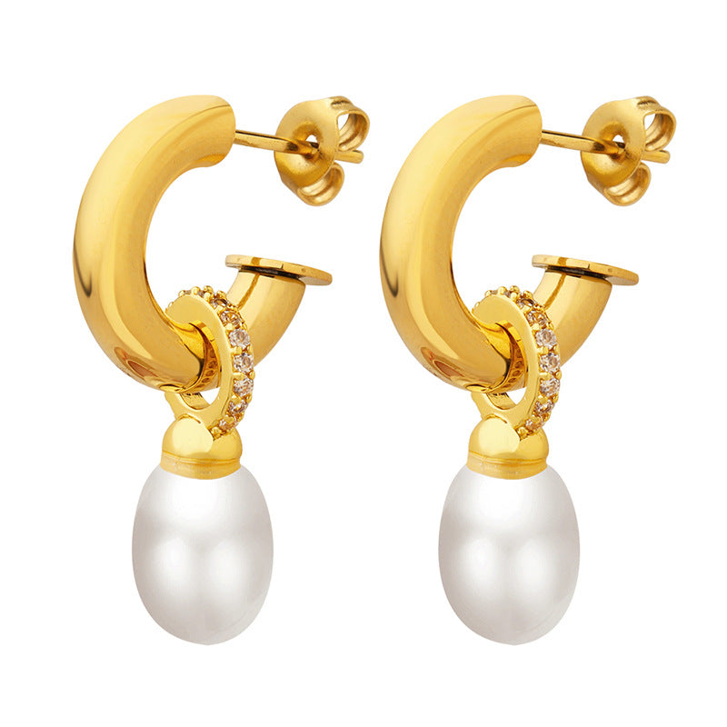 Zircon And Oval Pearl Drop Earrings