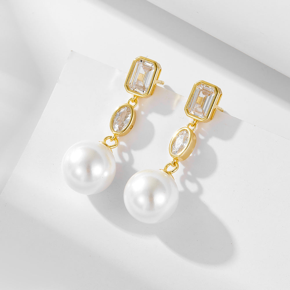 Elegant Cube Zircon 10mm Pearl Dangle Earrings