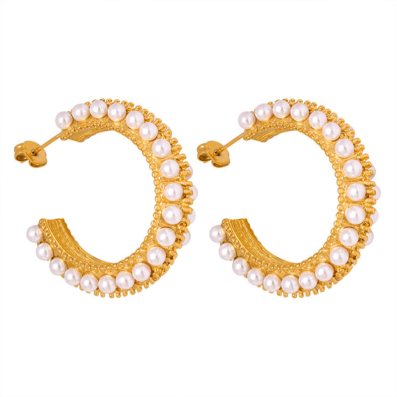 Round C Shape Inlay Small Pearl Earrings