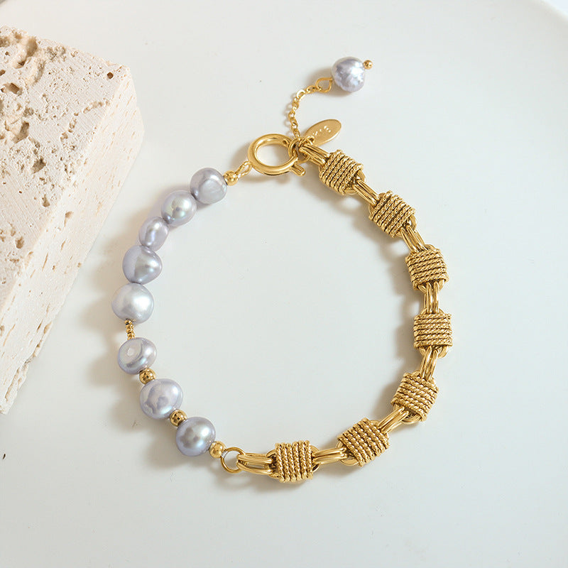 Knot Chain Stitching Grey Freshwater Pearl Bracelet