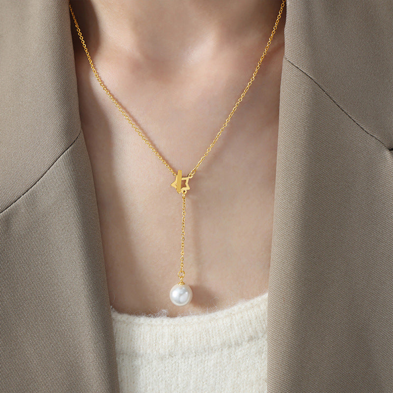 Star Clasp Pearl Drop Pendant Y Necklace