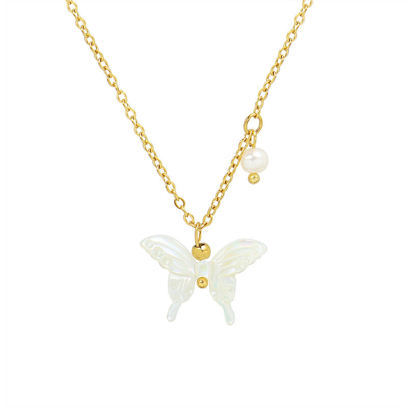 Pearl Charm Butterfly Pendant Necklace