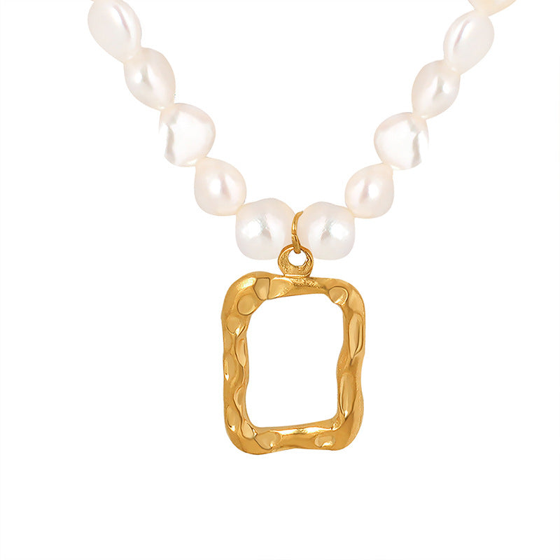 Rectangular Hollow Frame Pendant Freshwater Pearl Necklace