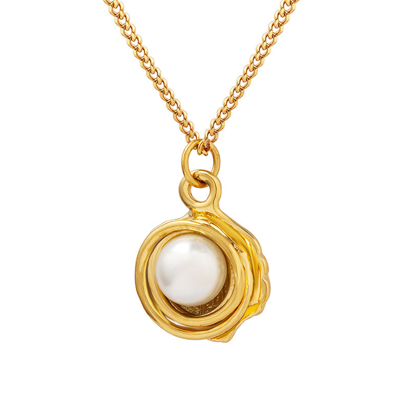 Pearl Inlay Gold Shell Pendant Necklace