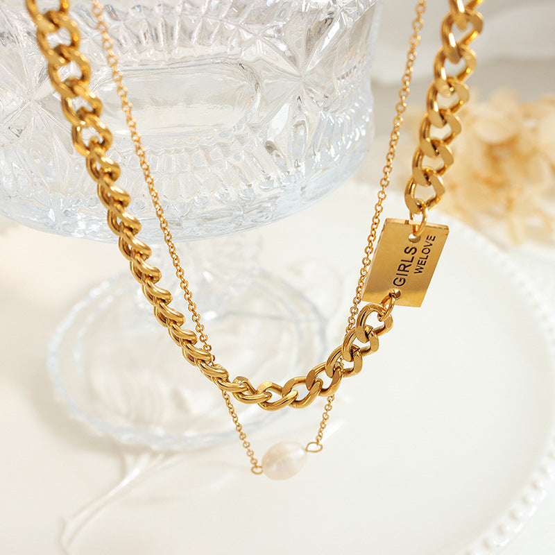 Thick And Thin Chain Stacked Two Gold Layered Necklace