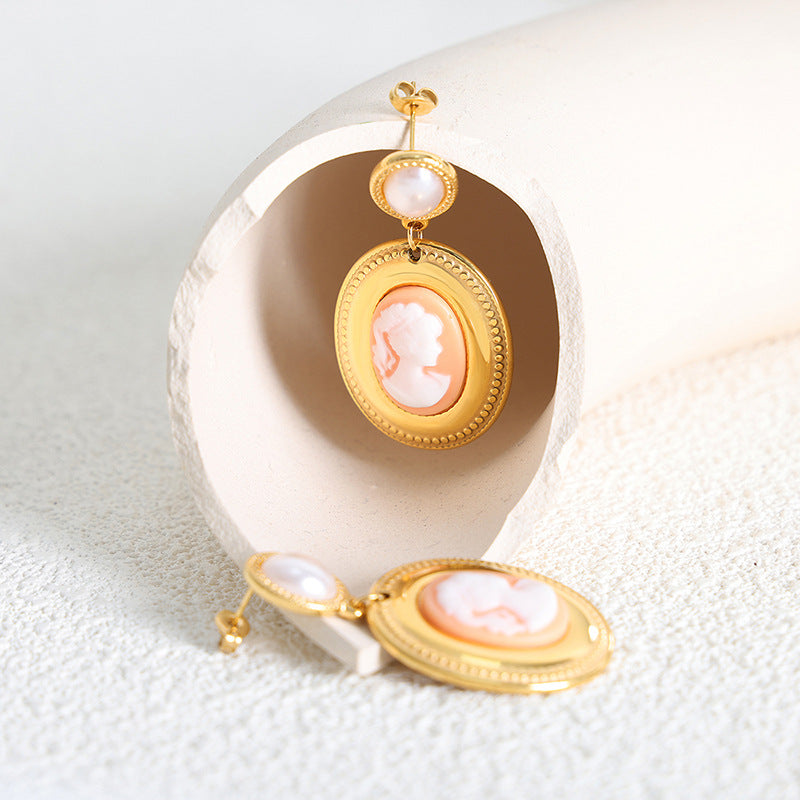 Oval Portrait Drop Pearl Stud Earring