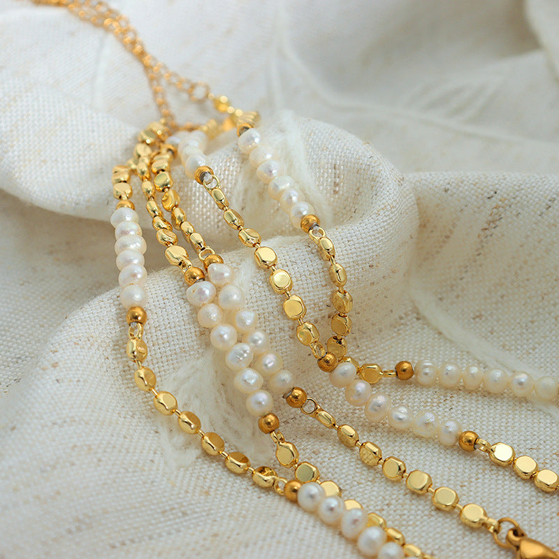 Flat Gold Beads And Freshwater Pearl Bracelet