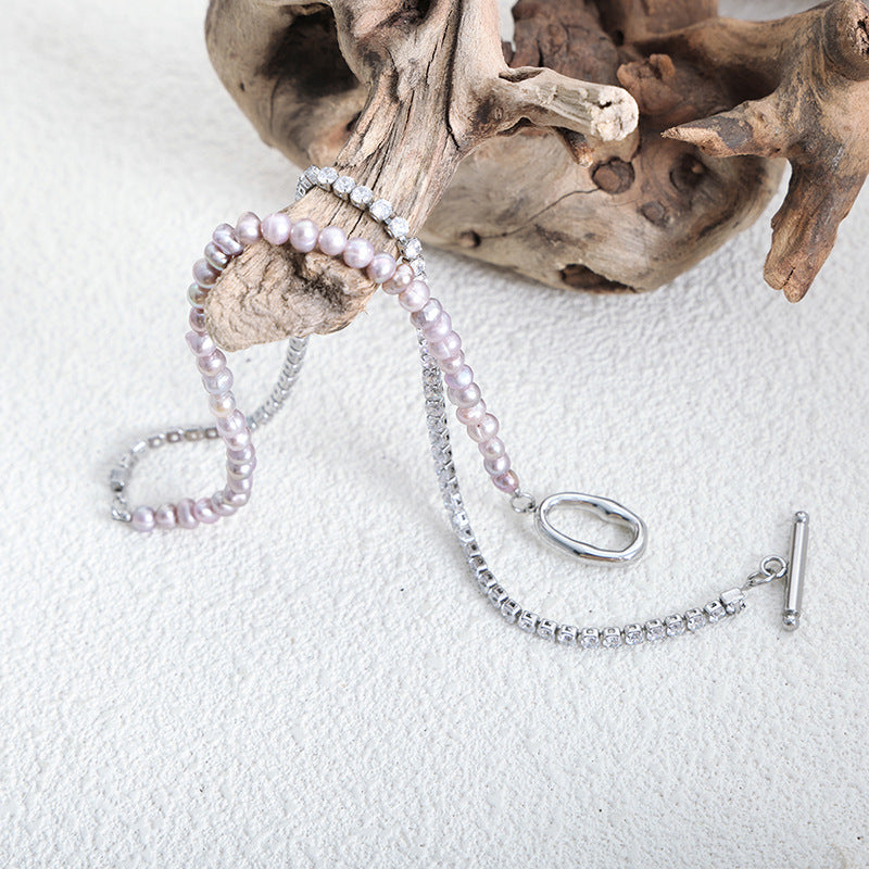 Half Light Purple Freshwater Pearl And Half Zircon Silver Chain OT Clasp Pendant Necklace