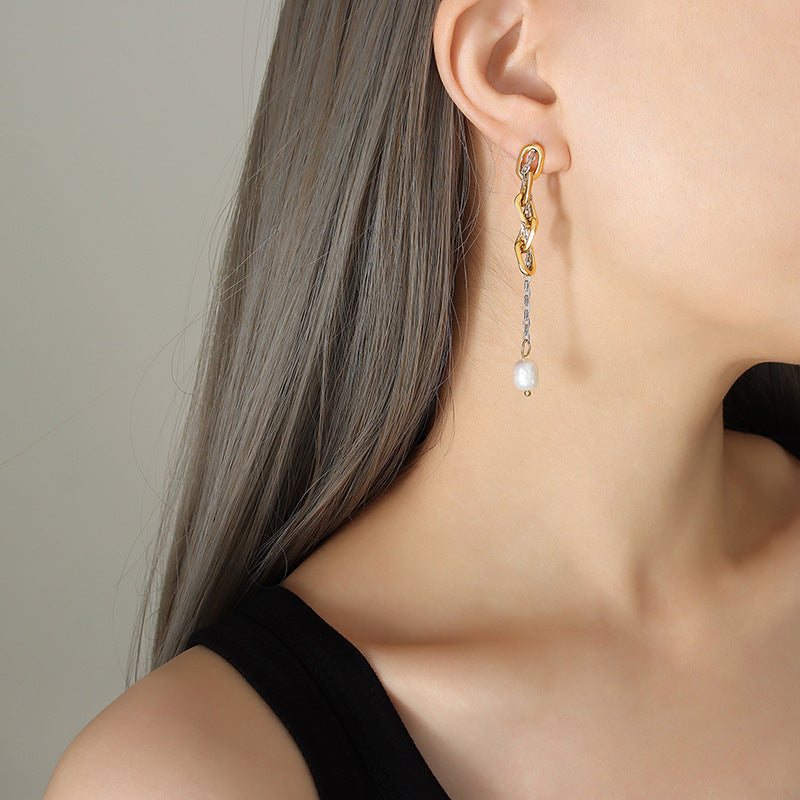 Gold Silver Mixing Chain Tassel Pearl Drop Earring