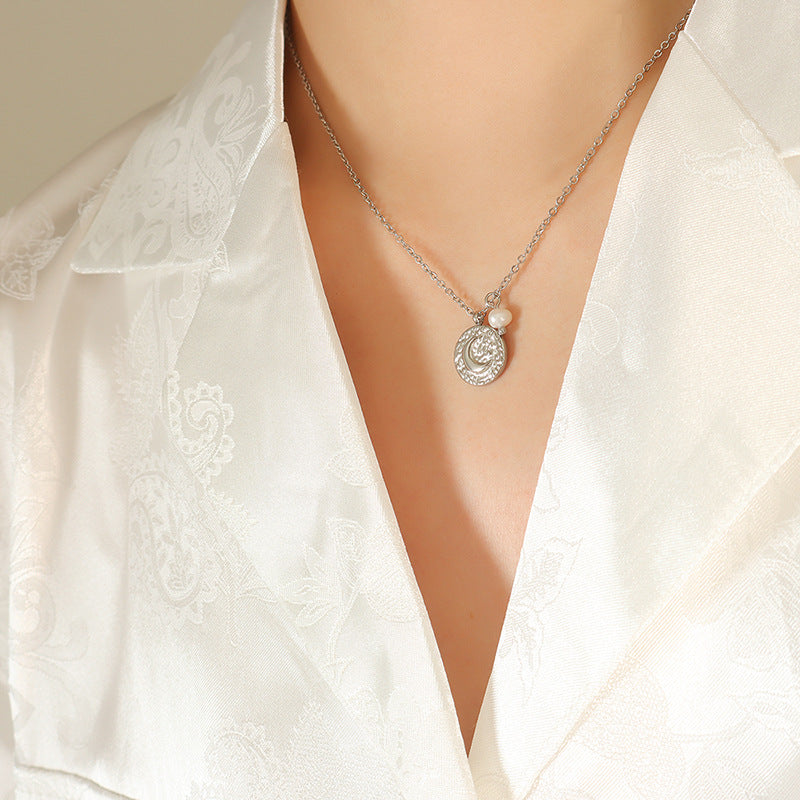 Coin Moon Pendant With Pearl Charm Necklace