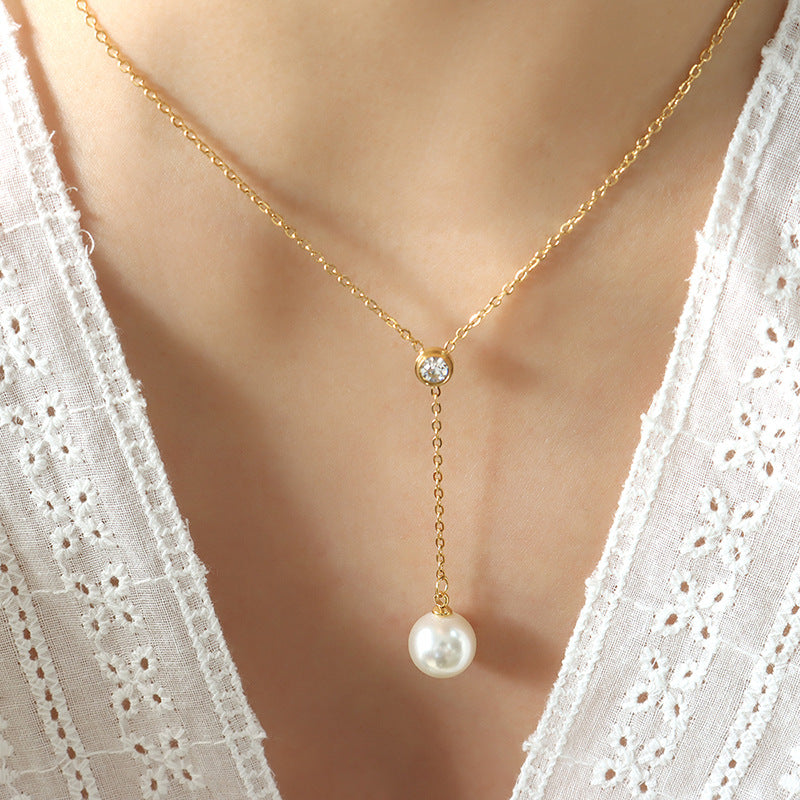 Dainty White Zircon Pearl Drop Y Necklace