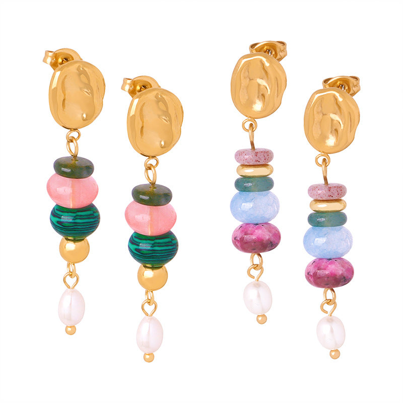 Colored Natural Stone Freshwater Pearl Drop Earrings