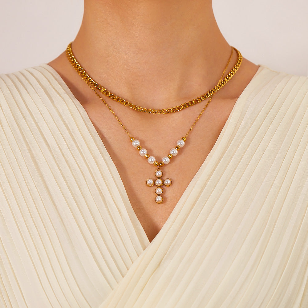 Two Layer Stacked Pearl Cross Pendant Necklace