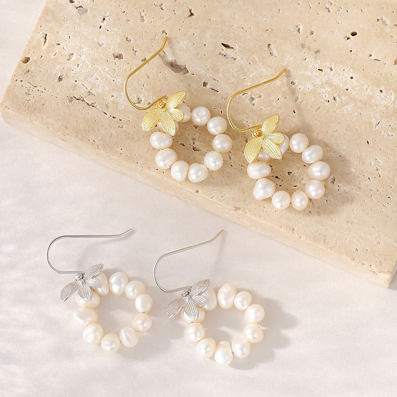 Leaf and Pearl Hook Earrings