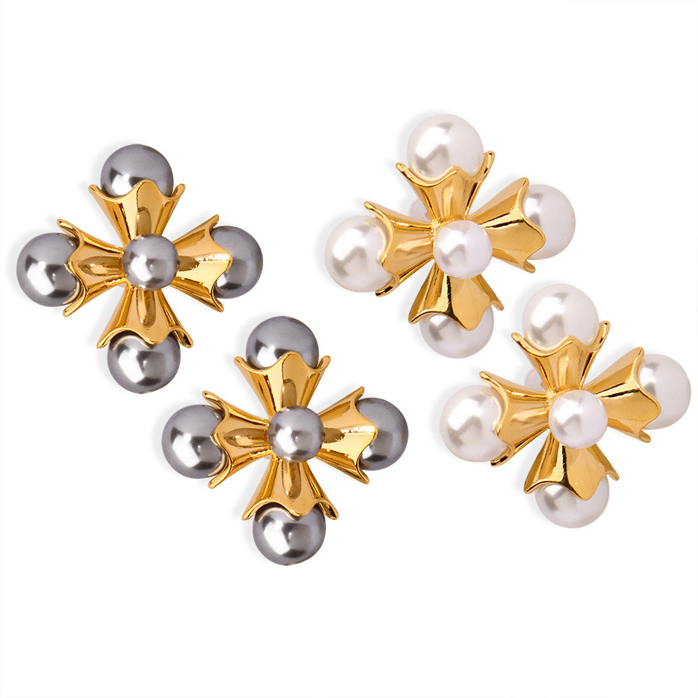 Vintage Floral Cross Pearl Earrings 