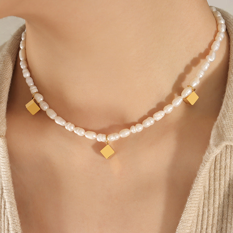 Gold Cube Charms Freshwater Pearl Necklace