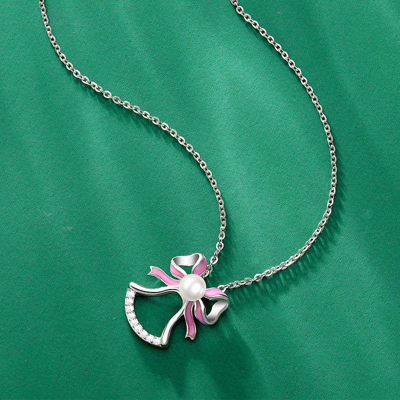 Lucky Bow Christmas Bell Pearl Pendant Necklace