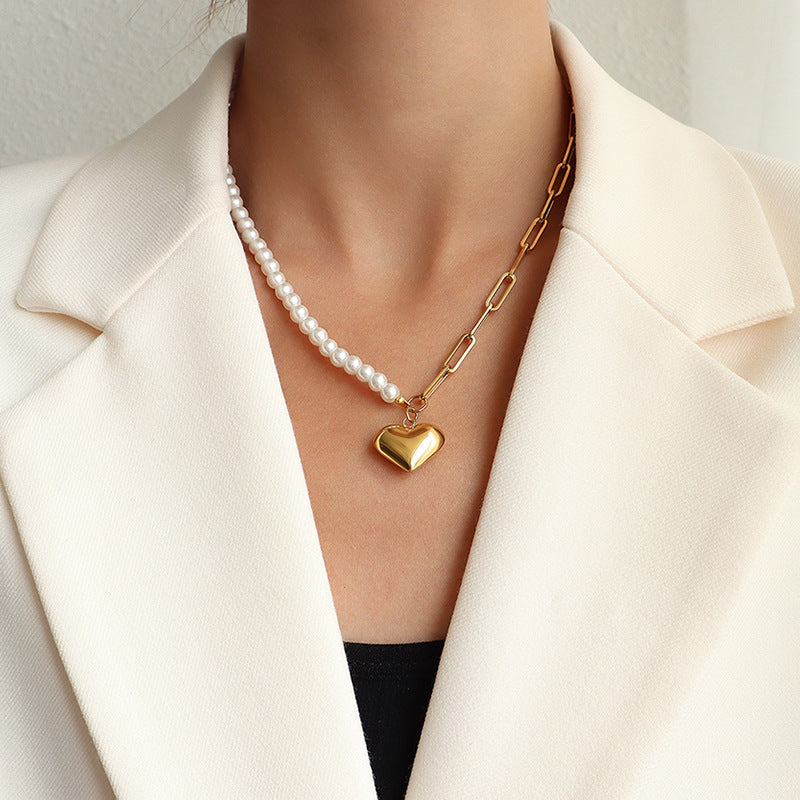 Gold Heart Pendant Half Pearl Half Paperclip Necklace