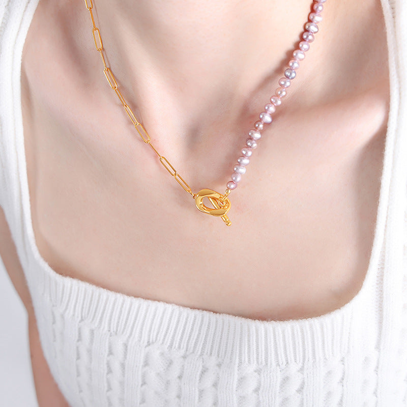 Half Chain Half Light Purple Pearl Necklace