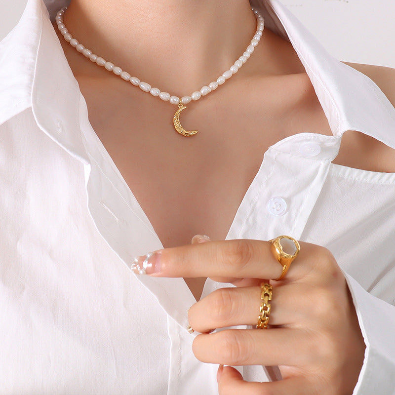 Gold Moon Pendant Freshwater Pearl Necklace