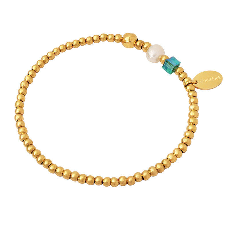 Good Luck Charm Gold Beads Green Crystal Freshwater Pearl Bracelet
