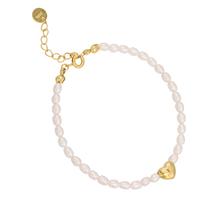 Super Thin Rice Pearl Bracelet with A Heart