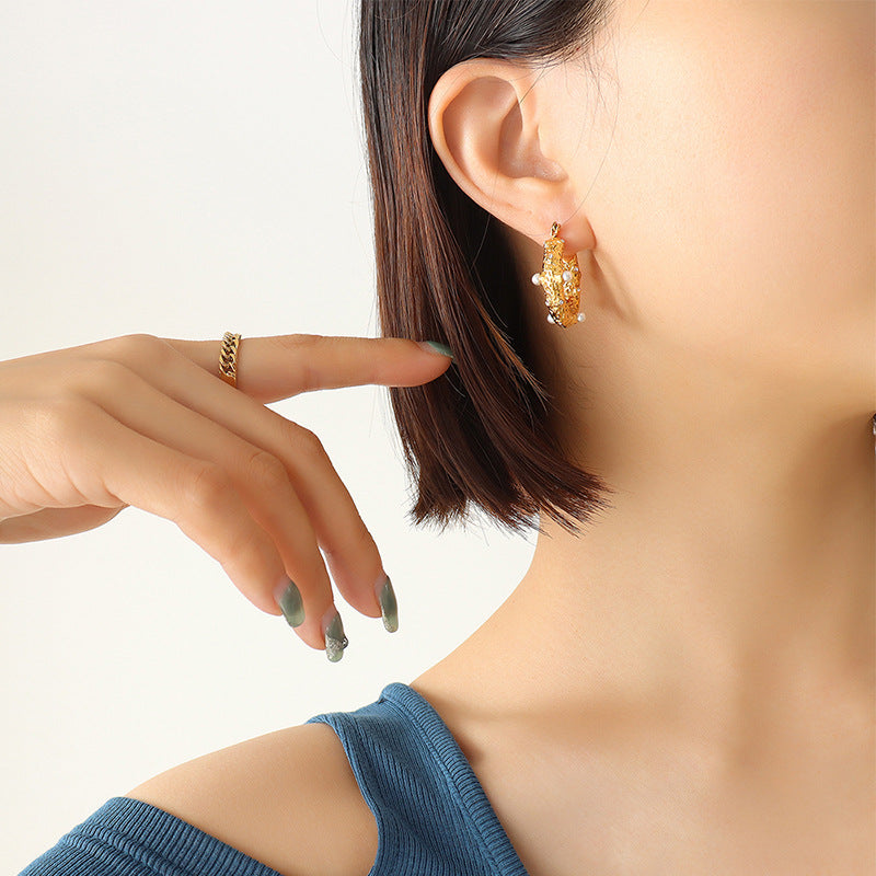 Clip On Debossed Zircon Pearl Earring