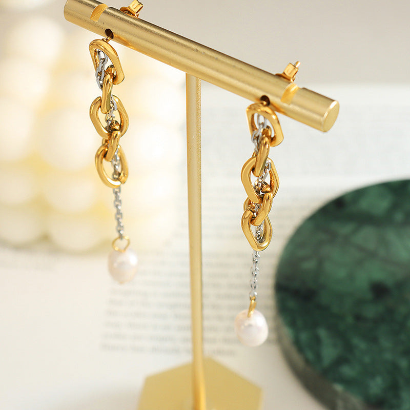 Gold Silver Mixing Chain Tassel Pearl Drop Earring