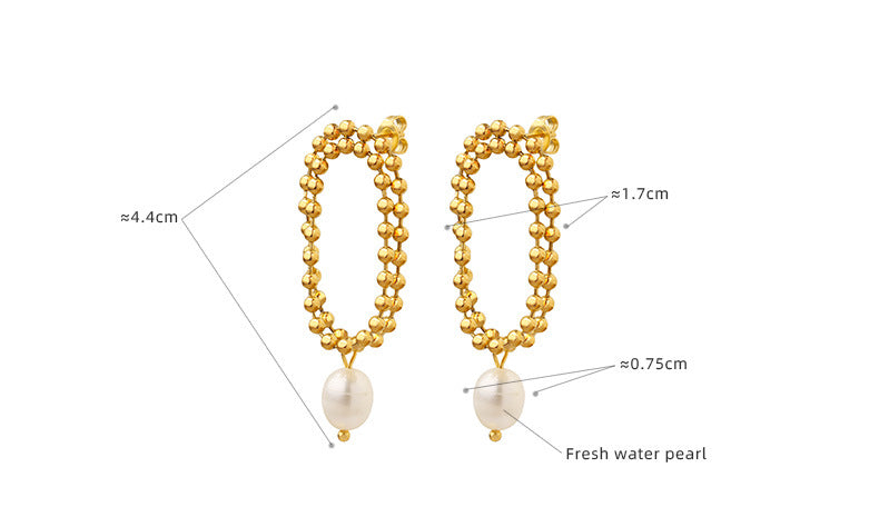 Double Gold Beads Chain Freshwater Pearl Drop Earrings