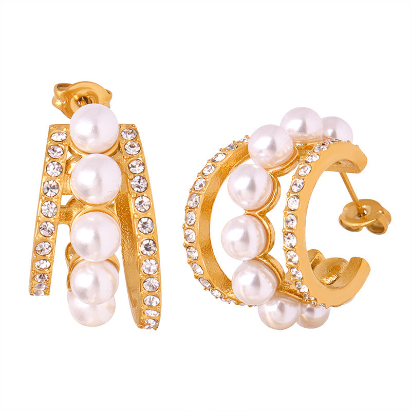 C Shape Pearl and Diamond Earrings