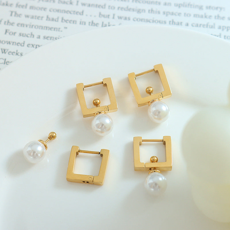 Multi Wear Ways Square Dangle Pearl Earring 