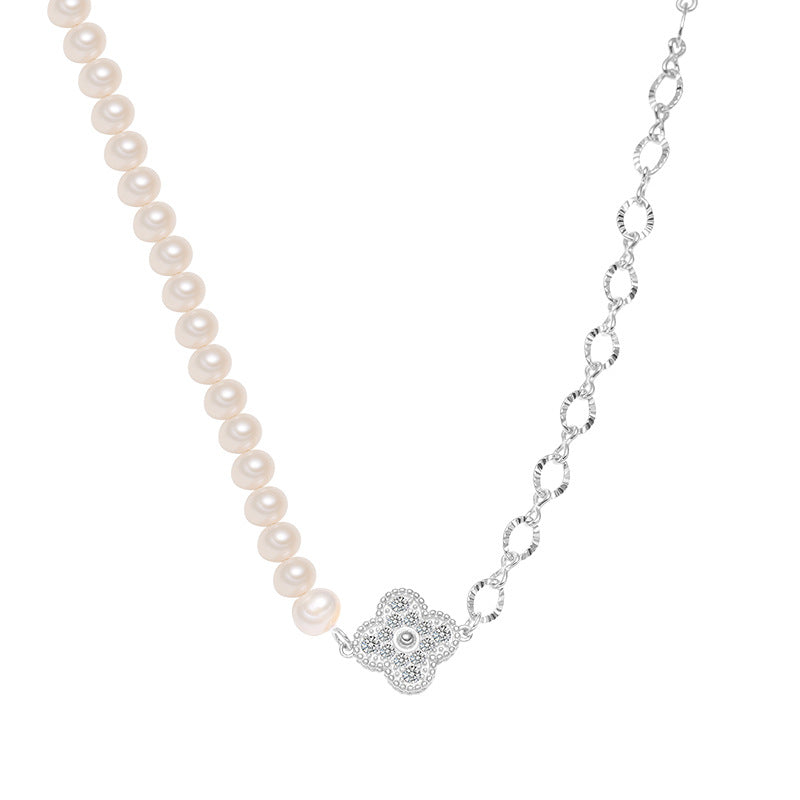 Half Pearl Half Chain Four Leaf Clover Pendant Necklace