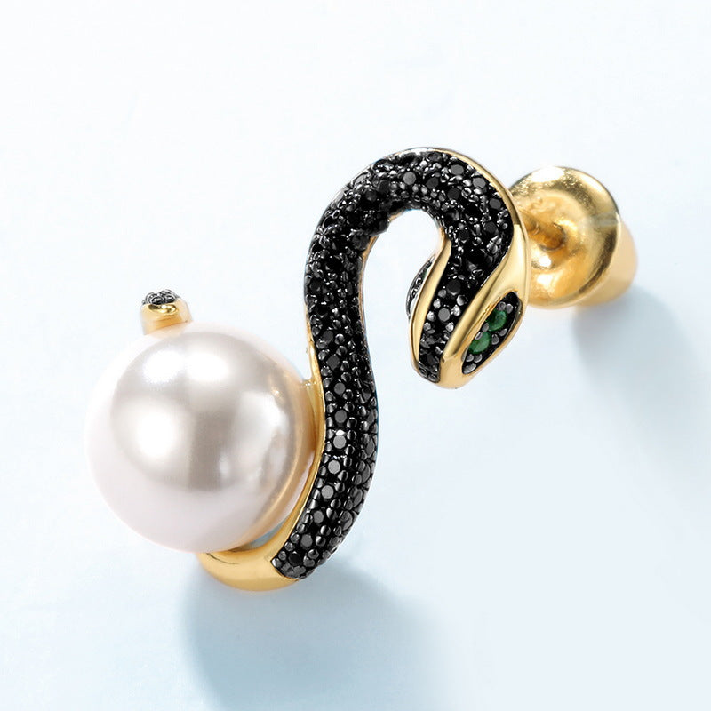 Pearl and Black Snake Earrings