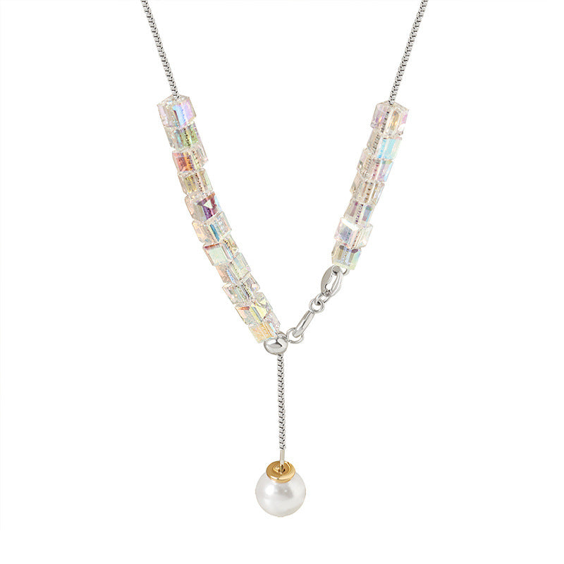 Adjustable Crystal Cube Pearl Drop Necklace