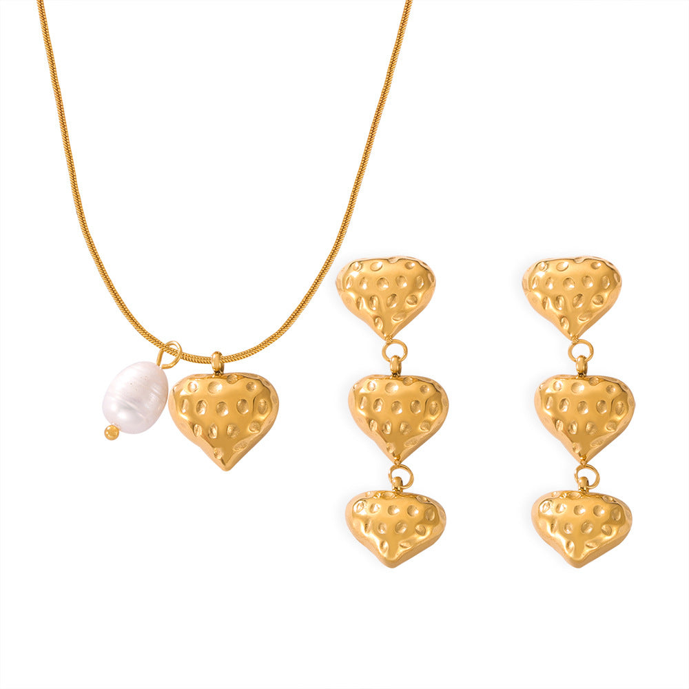 Lovely Pearl Charm Heart Pendant Necklace and Earring Set